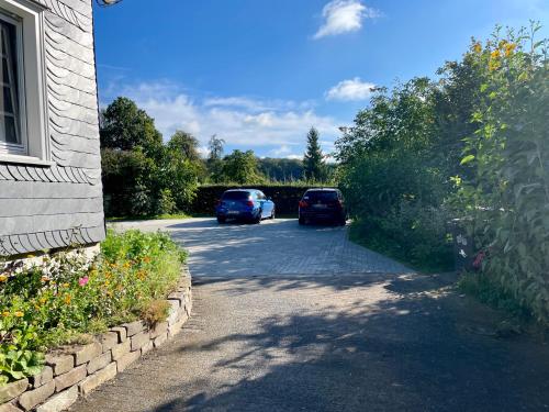 two cars parked on a road next to a house at Molehill Shire in Hückeswagen