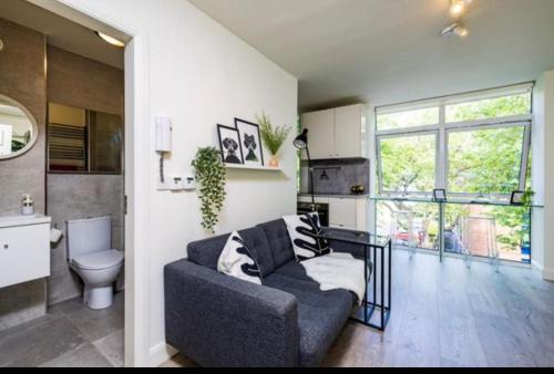 a living room with a couch and a toilet at Grand Canal District Apartments in Dublin