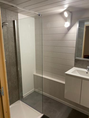 a bathroom with a glass shower and a sink at chambres de l'étang de la Demoiselle in Saint-Nabord