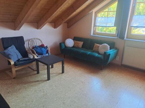 ein Wohnzimmer mit einem grünen Sofa und 2 Stühlen in der Unterkunft Theox No 12 I 5 Personen I Bibliothek I Badwanne in Heppenheim an der Bergstrasse