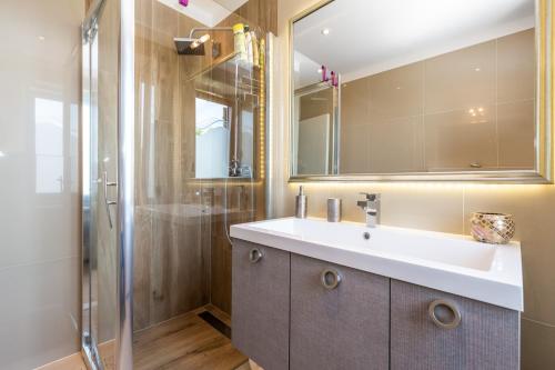 een badkamer met een wastafel en een douche bij Apartment Srok, Romantic in Kastav