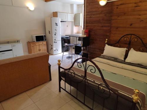 Il comprend une chambre avec un lit et une cuisine équipée d'un réfrigérateur. dans l'établissement Studio détente, à Montreuil