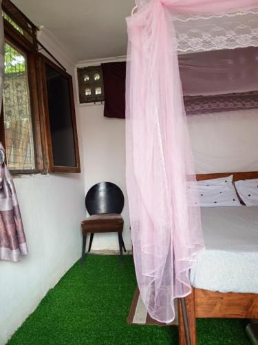 a bedroom with a bed and a chair and green carpet at Mikocheni Home stay in Dar es Salaam