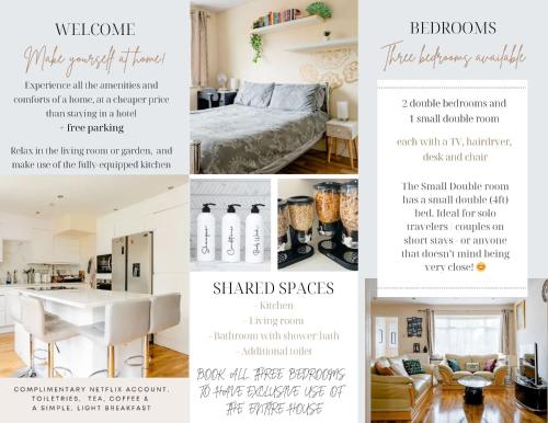een collage van foto's van een slaapkamer en een woonkamer bij Reading West Homestay in Reading