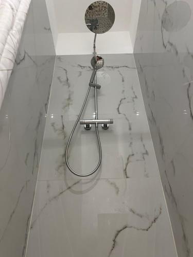 a shower in a bathroom with a marble floor at villa chaton in LʼIsle-sur-la-Sorgue