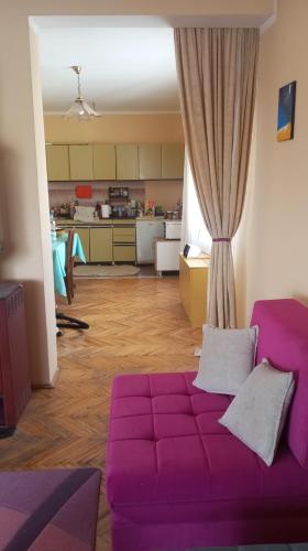 a living room with a purple couch and a kitchen at Prenoćište Zora 
