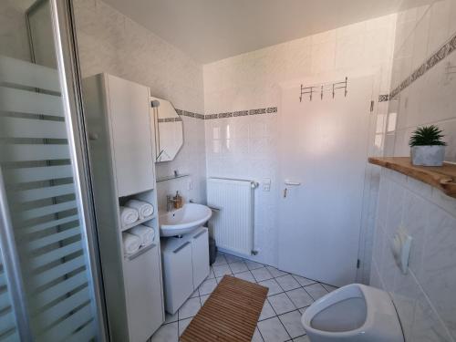 a white bathroom with a toilet and a sink at Ferienwohnung am Radweg in Bad Ems