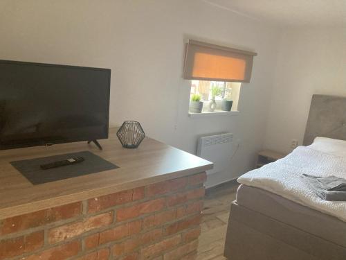 ein Wohnzimmer mit einem Flachbild-TV und einem Bett in der Unterkunft Ubytování u Zuzy in Velké Pavlovice
