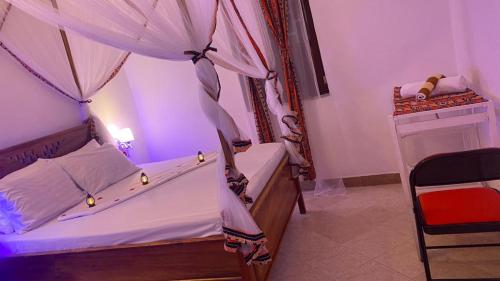 a bedroom with a bed with a mosquito net at African Angel House B&B in Stone Town