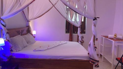 a bedroom with a canopy bed with purple lighting at African Angel House B&B in Stone Town