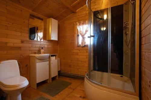 La salle de bains est pourvue d'une douche et de toilettes. dans l'établissement Mazurski Ośrodek Szych, à Bogusze