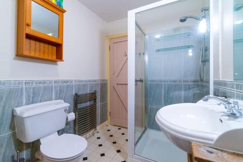 a bathroom with a toilet and a sink and a shower at Midsummer Barn in Darwen