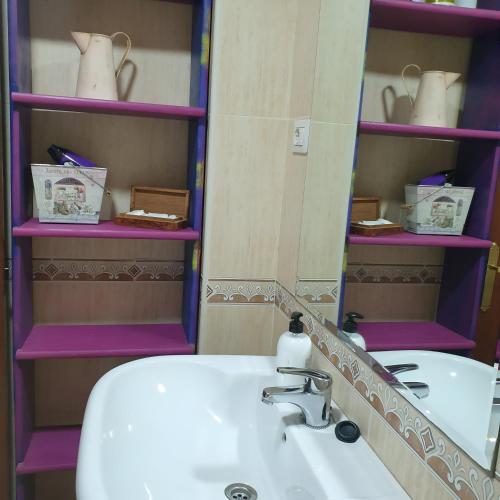 baño con lavabo, espejo y estanterías moradas en Apartamento en Lardero 4 Pax, parking incluido, en Lardero
