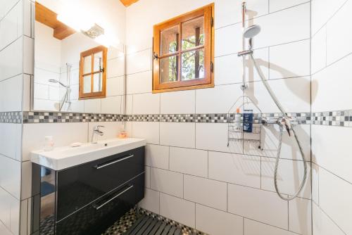 a bathroom with a sink and a shower at L'Oustaou Dou Verdoun - Avec grand jardin in Régusse