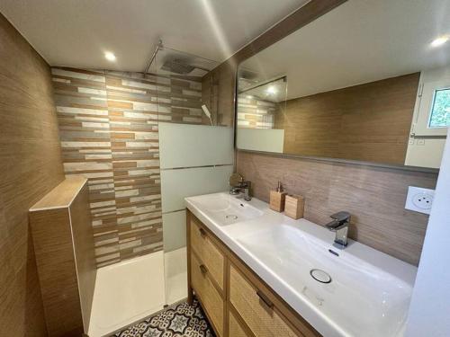 ein Bad mit einem Waschbecken und einem Spiegel in der Unterkunft Maison première ligne Tocade2 in Andernos-les-Bains