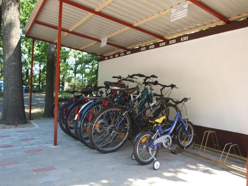 a row of bikes parked next to a wall at Árnyas Thermal Camping és Üdülőpark in Püspökladány
