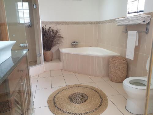 a bathroom with a tub and a toilet and a sink at Damicha Boutique Lodge in Ezulwini