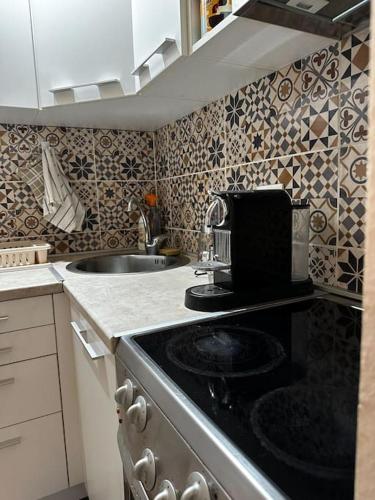 a kitchen with a stove and a sink in it at Cozy loft in Belgrade