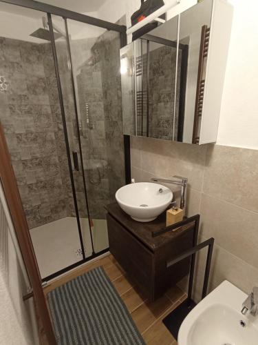 uma casa de banho com um lavatório, um chuveiro e um WC. em Bilocale Funivie em Breuil-Cervinia