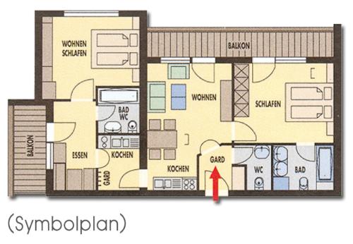 a floor plan of a building with a red arrow at Top Tirol Appartement in Längenfeld