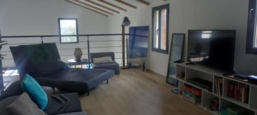 ein Wohnzimmer mit einem Sofa und einem Flachbild-TV in der Unterkunft Maison neuve Vue imprenable Piscine et spa in Calenzana