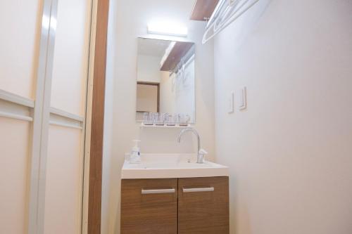 uma casa de banho com um lavatório e um espelho em Cozy 4-Guest Stay in Heart of Asakusabashi, Tokyo DSoY em Tóquio