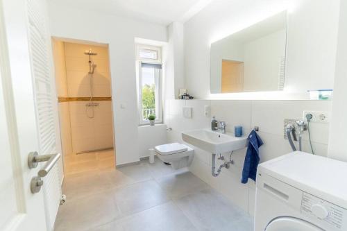 een witte badkamer met een wastafel en een toilet bij *4 Personen, 2 Zi, zentrumsnah* in Pirna