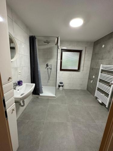 uma casa de banho com uma banheira, um lavatório e um chuveiro em HW2 Drei Zimmer Wohung 80qm em Königsbronn