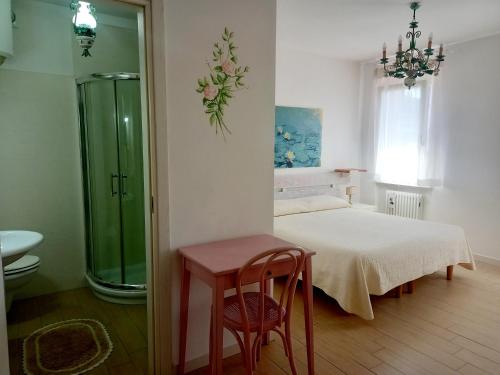 a room with a bed and a shower and a table at A Casa Di Dora in Treviso