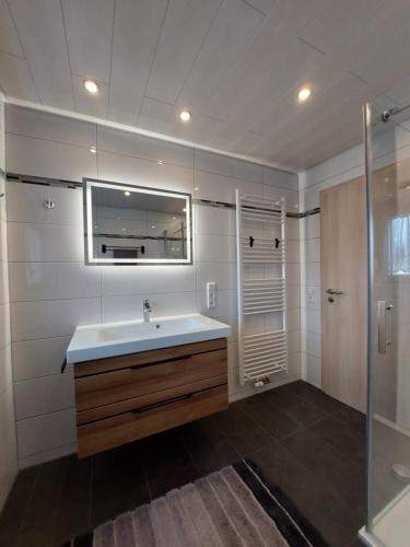 a bathroom with a sink and a shower at Moderne Ferienwohnung - neu renoviert - ruhige Lage in Waldachtal