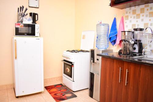 a kitchen with a refrigerator and a stove at Rozie Apartment in Kisumu