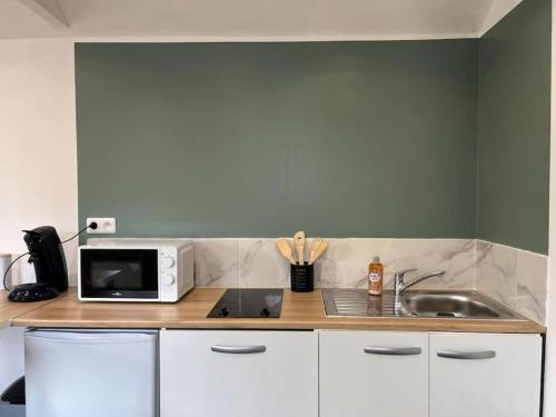 a kitchen counter with a microwave and a sink at Petite maisonnette proche de Giverny in Bonnières-sur-Seine