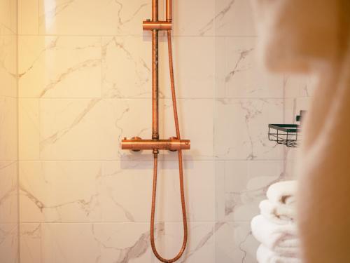 une femme debout dans une salle de bains avec douche dans l'établissement Op Oost Boutique hotel & Restaurant het Kook Atelier, à Oosterend