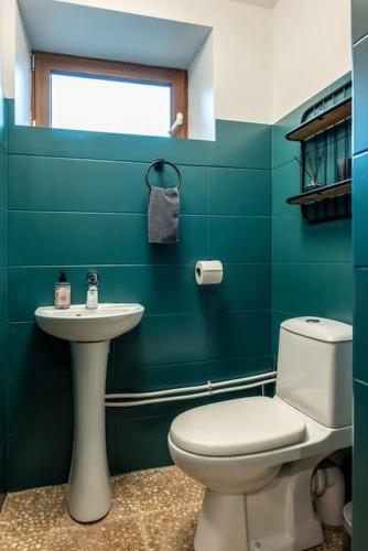 a green bathroom with a toilet and a sink at Peaceful countryside retreat in Gauja National Park in Raiskums