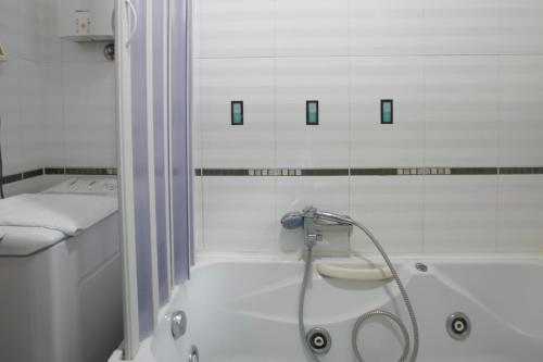 a white bathroom with a shower and a tub at Plava Vila Beach Apartments Sveti Stefan in Sveti Stefan