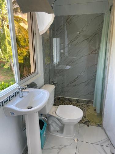 a bathroom with a sink and a toilet and a shower at THOMAS BOND APARTAMENTOS in Santa Bárbara de Samaná