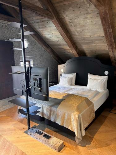 a bedroom with a large bed with a tv on it at H5 Grauer Bär Studios & More in Innsbruck