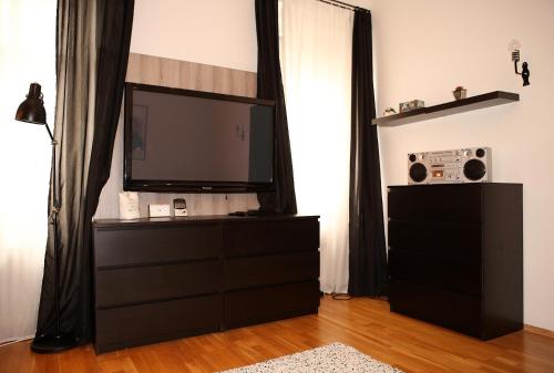 una sala de estar con TV de pantalla plana en una cómoda en Cozy Apartment in the Middle of Bratislava, en Bratislava