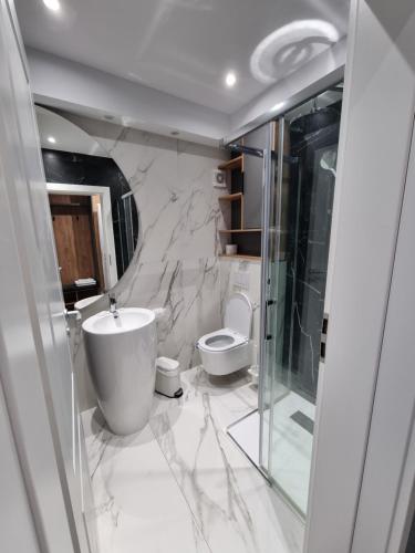 uma casa de banho com uma banheira, um WC e um lavatório. em Hotel Muntele Mic em Borlova