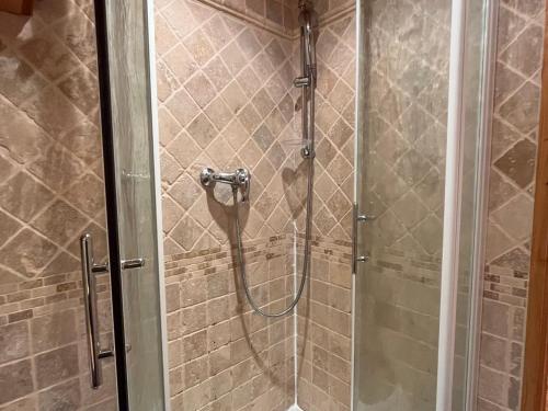 une douche avec une porte vitrée dans une salle de bain dans l'établissement Appartement Montagne Confortable pour 4-6 Pers. à Pra Loup 1600, Proche Pistes - FR-1-165A-56, à Uvernet