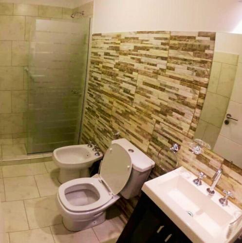 a bathroom with a toilet and a sink and a shower at Esquel Apart Chalet in Esquel
