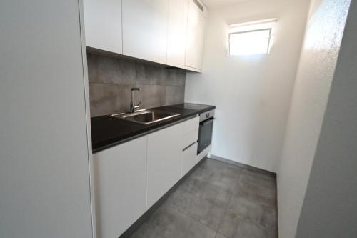 a small kitchen with white cabinets and a sink at Mountain view apartment in Cressier near Murten 