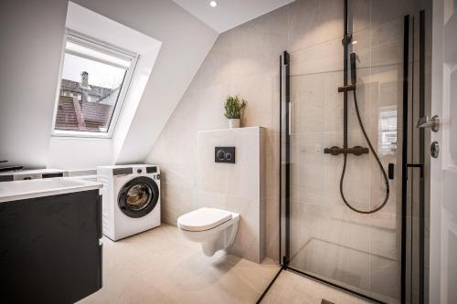 uma casa de banho com um WC e uma máquina de lavar roupa em Corner Apartments em Bergen