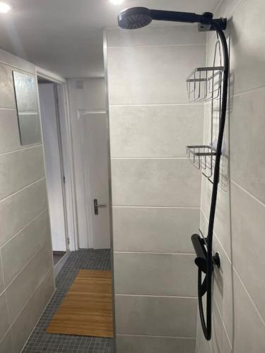 a bathroom with a shower with a glass door at Appartement T1 renové in Gigean