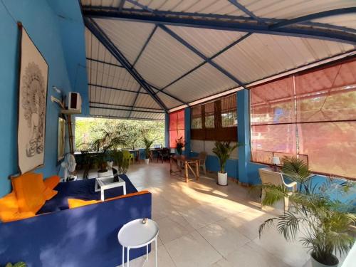 a large room with a blue wall and some plants at Kiki Peaceful Studios Mandrem in Mandrem