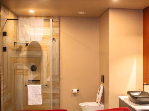 a bathroom with a shower and a toilet at MGB Hotel at 2ten in Thohoyandou