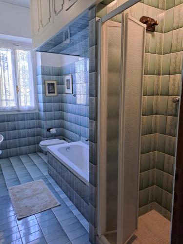 a bathroom with a tub and a shower with blue tiles at B&B La Dimora di Alida in Fiesole