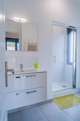 une salle de bain blanche avec un lavabo et une douche dans l'établissement Room in Toulouse - Studio 1 proche Airbus à TOULOUSE ST Martin du Touch, à Toulouse
