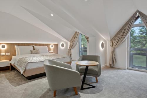 a bedroom with a bed and a table and chairs at Hotel Podrinje in Banja Koviljača