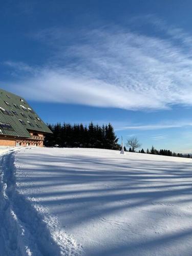 a snow covered field with a house and trees at Apartmán Žalý in Benecko